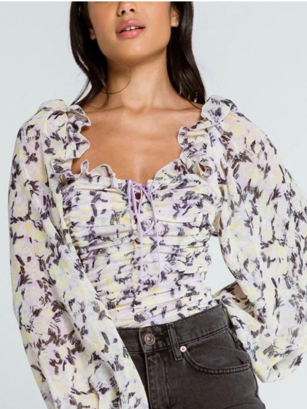 Free People Floral Ruched Blouse Top Puff Sleeve Tie Front Cottagecore Boho M - Picture 2 of 16